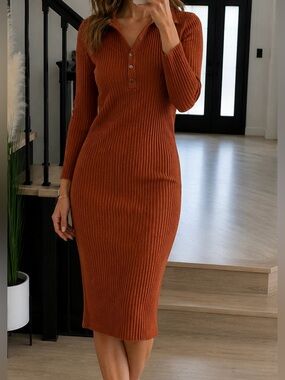 Elegant Brown Ribbed Knit Dress